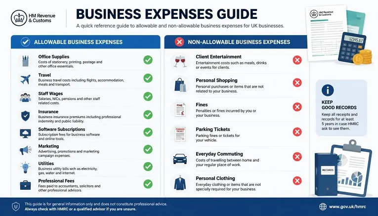 Allowable and non-allowable business expenses for UK businesses under HMRC rules.
