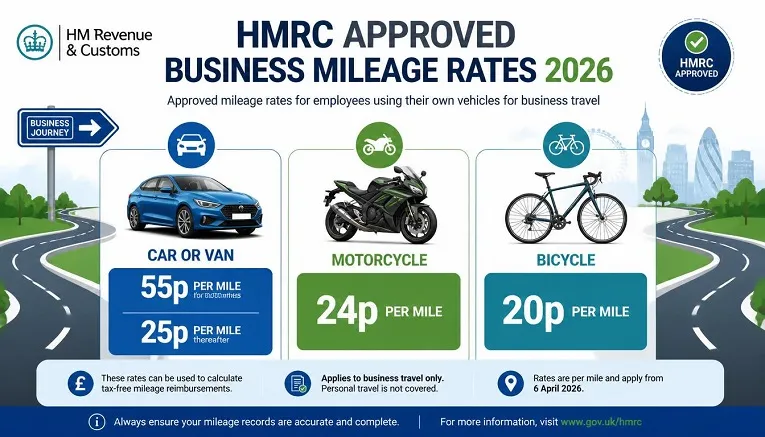 HMRC approved business mileage rates for cars, vans, motorcycles and bicycles in 2026.