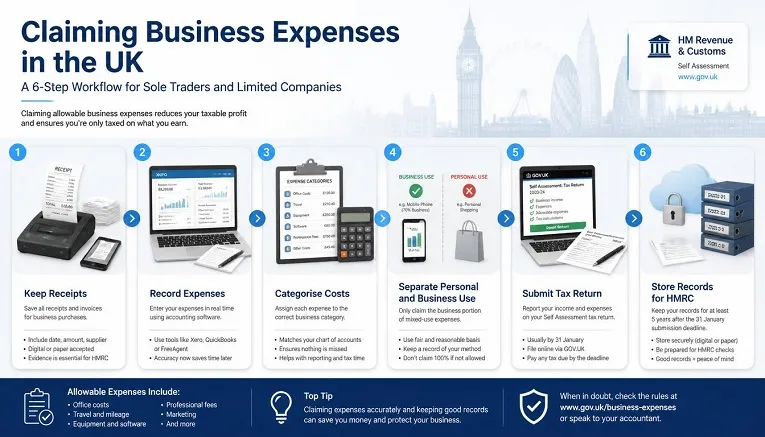 Step-by-step process for claiming allowable business expenses in the UK.