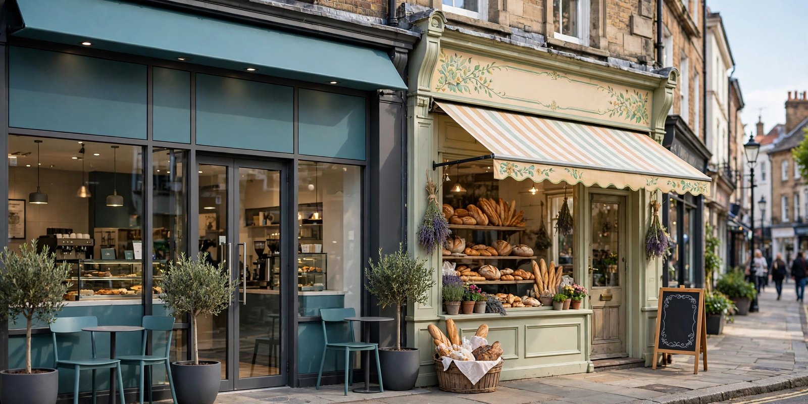 Franchise coffee shop next to an independent bakery on a UK high street